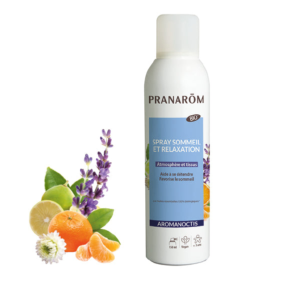 Spray sommeil et relaxation bio Aromanoctis Pranarôm, favorise l’endormissement.