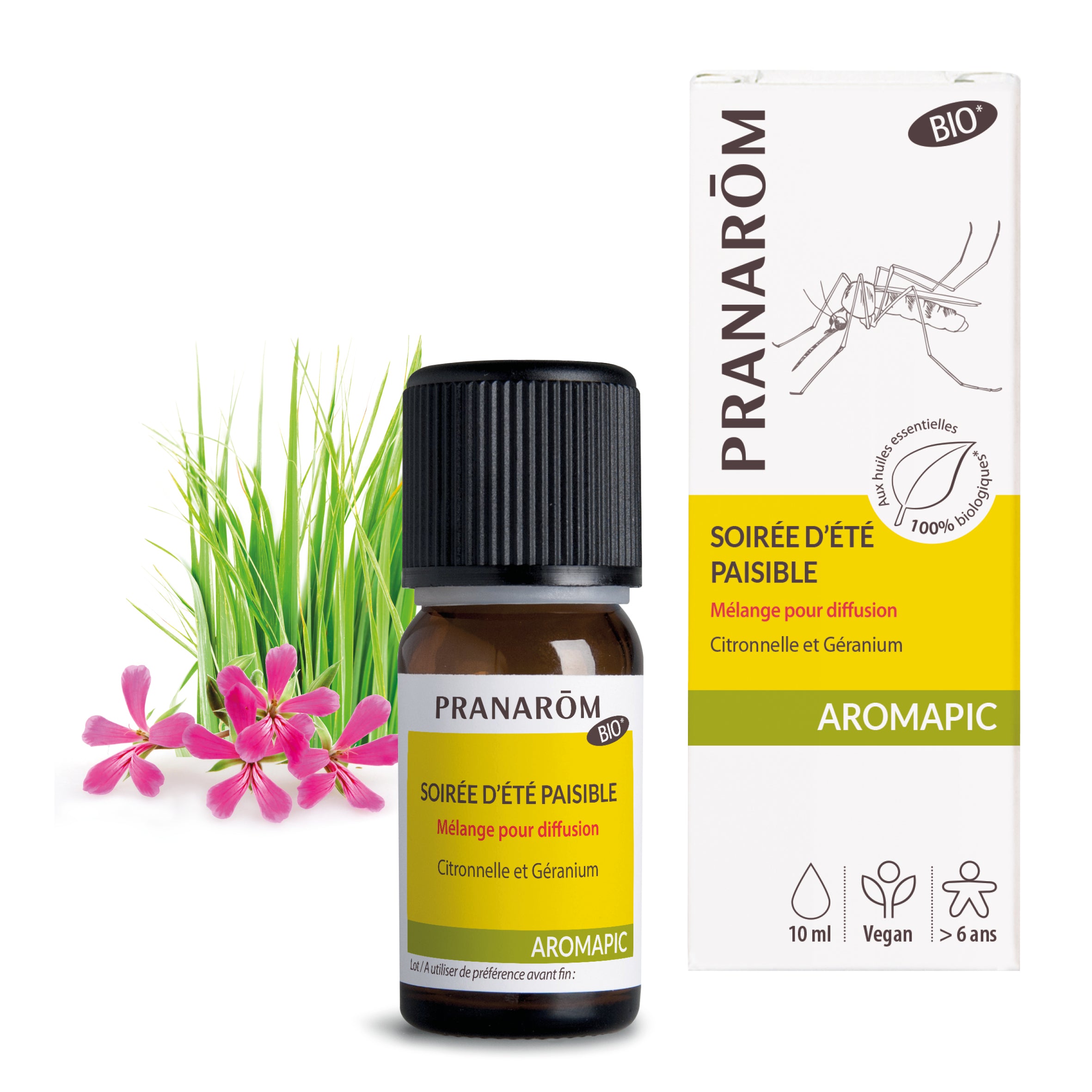Flacon de diffusion bio Aromapic Soirée d’été paisible 10ml, ambiance sans moustiques.