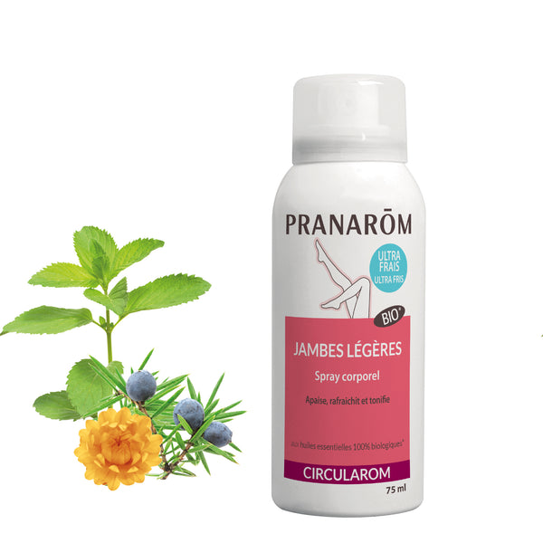 Spray jambes légères bio Circularom Pranarôm 75ml, effet frais et tonifiant.