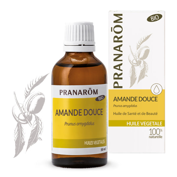 Huile végétale d'amande douce bio Pranarôm en flacon de 50ml.