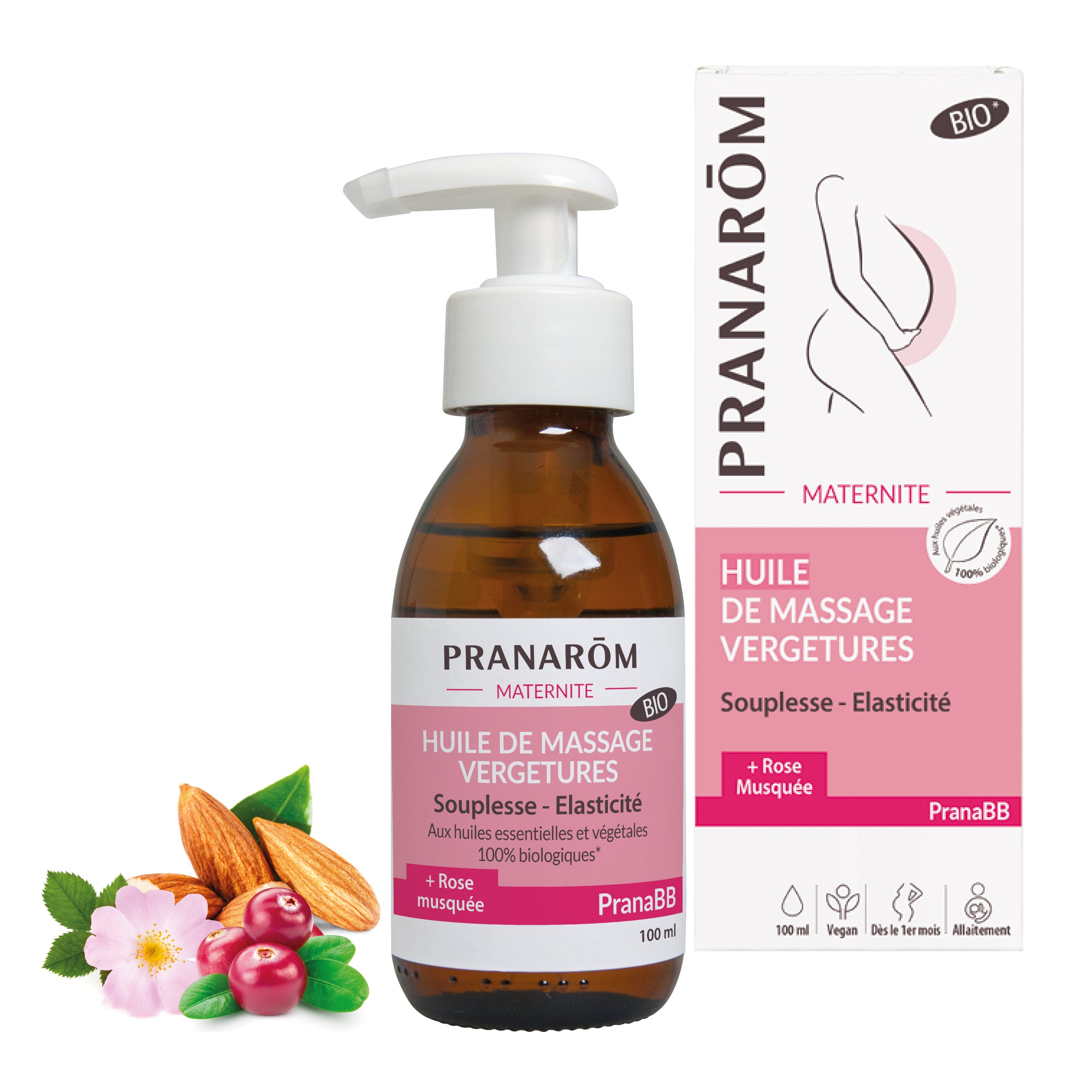 Huile de massage vergetures maternité bio PranaBB pour la peau aux huiles essentielles.