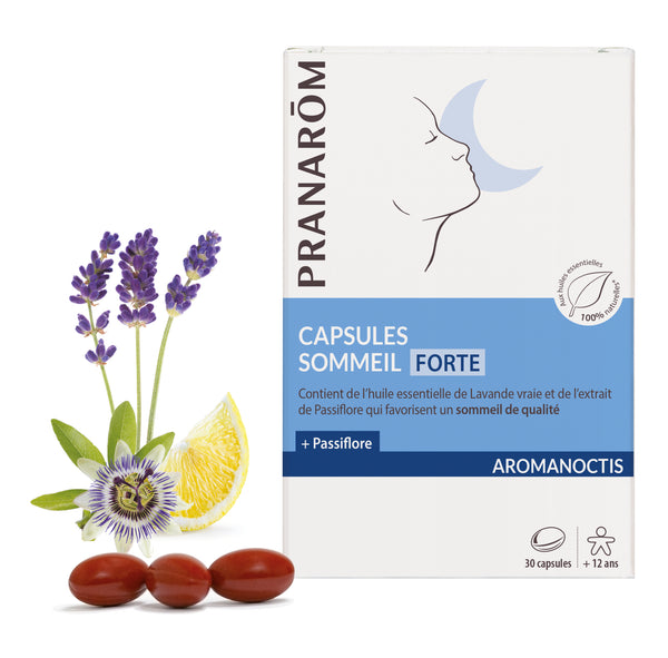 Capsules sommeil forte Aromanoctis Pranarôm aux huiles essentielles de lavande vraie pour un endormissement rapide.