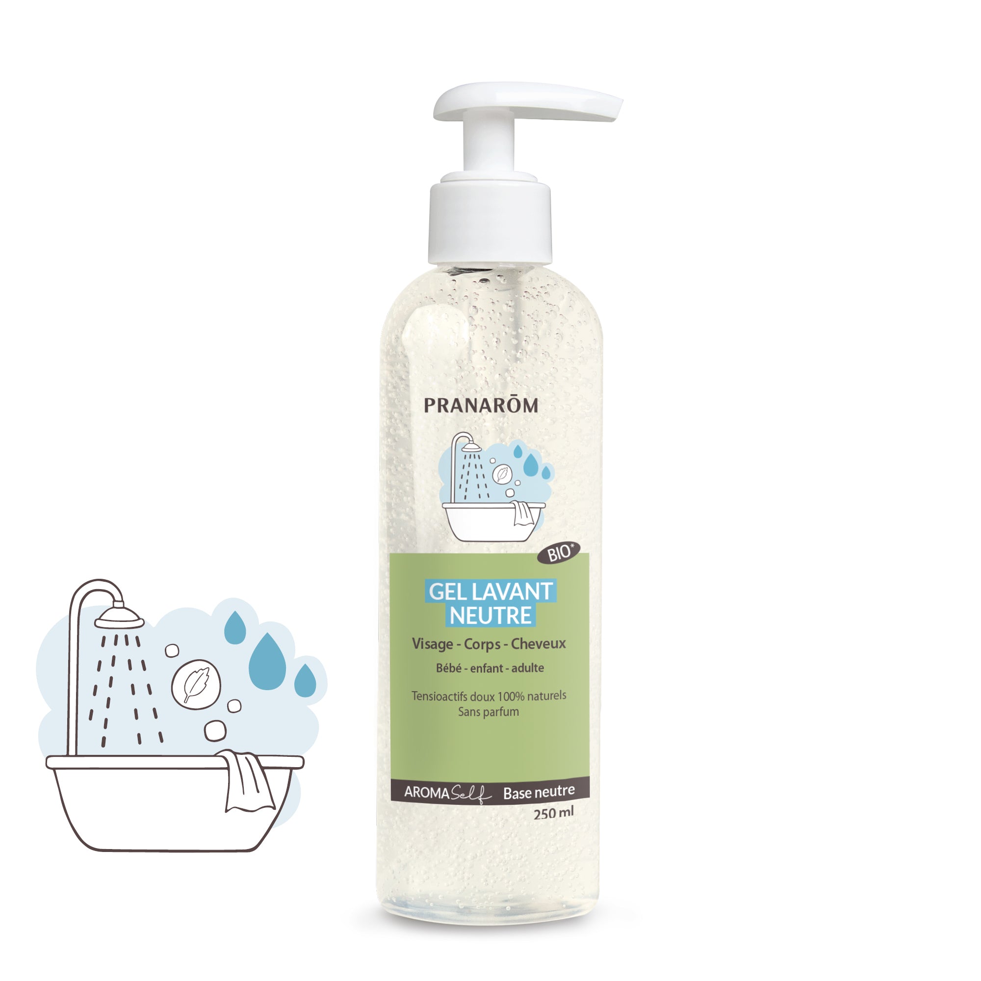 Gel lavant neutre bio Aromaself Pranarôm 250ml pour soins personnalisés.