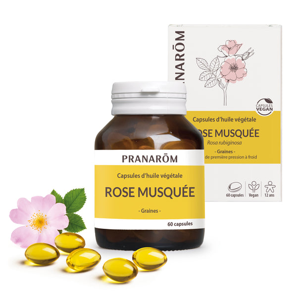 Capsules d’huile végétale de rose musquée Pranarôm, pour la régénération cutanée.