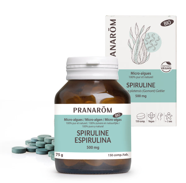 Poudre de spiruline bio Pranarôm 75g, complément aux protéines végétales.