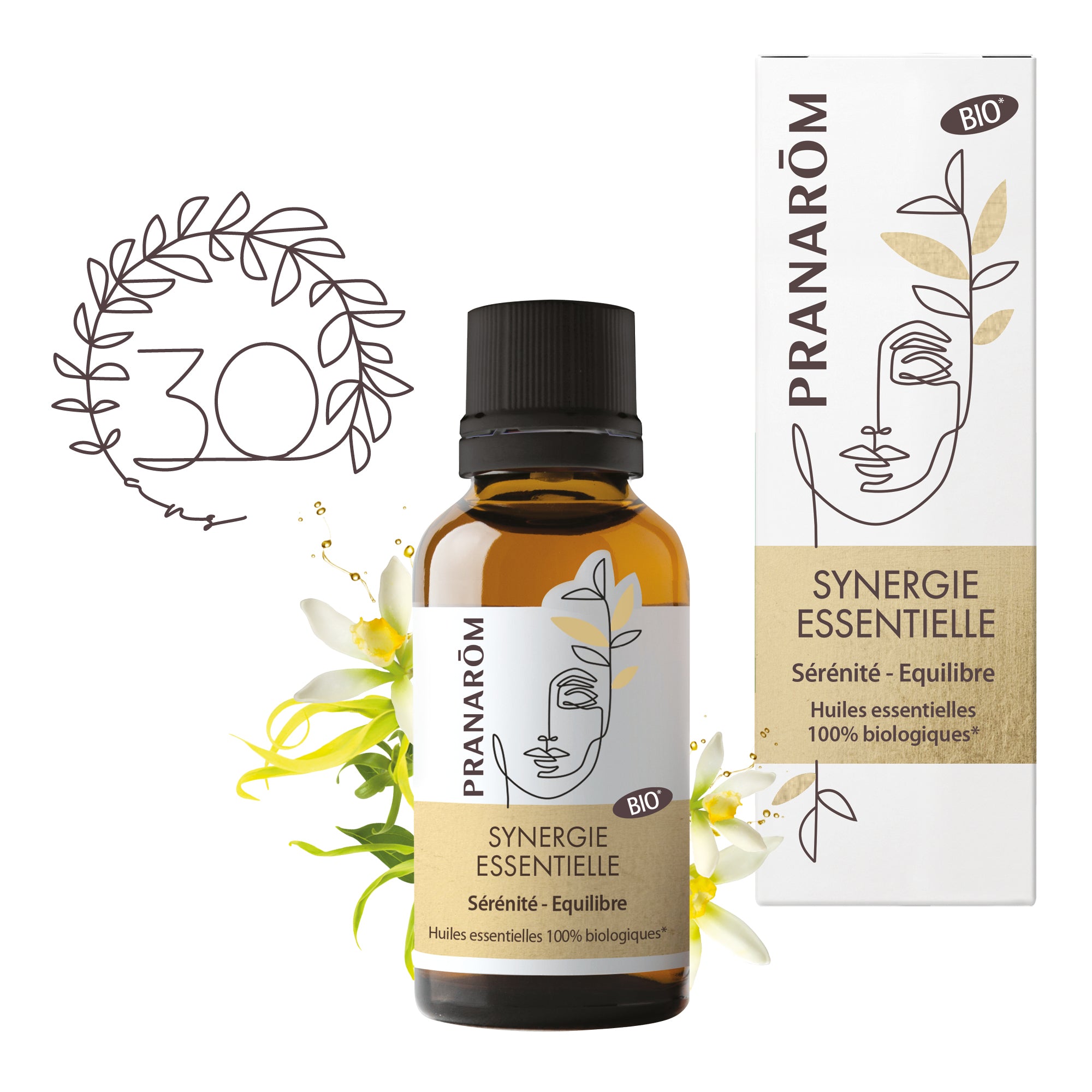 Synergie d’huiles essentielles bio Pranarôm 30 ans, sérénité et équilibre, flacon 30ml.