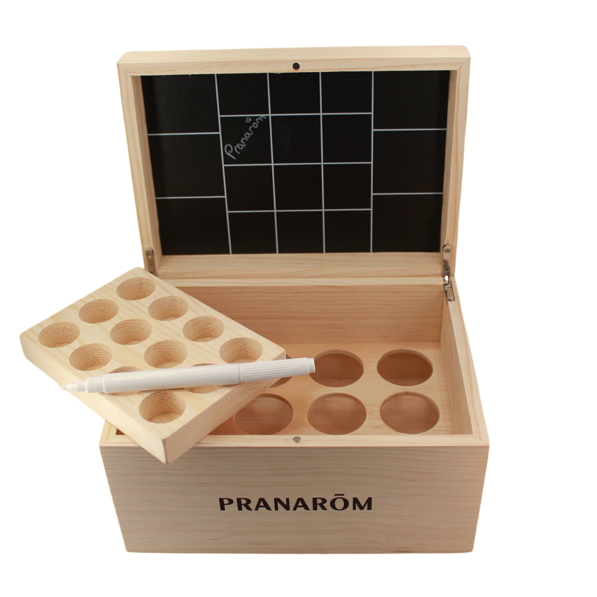 Boîte de rangement Aromathèque Pranarôm pour 18 flacons d’huiles essentielles.