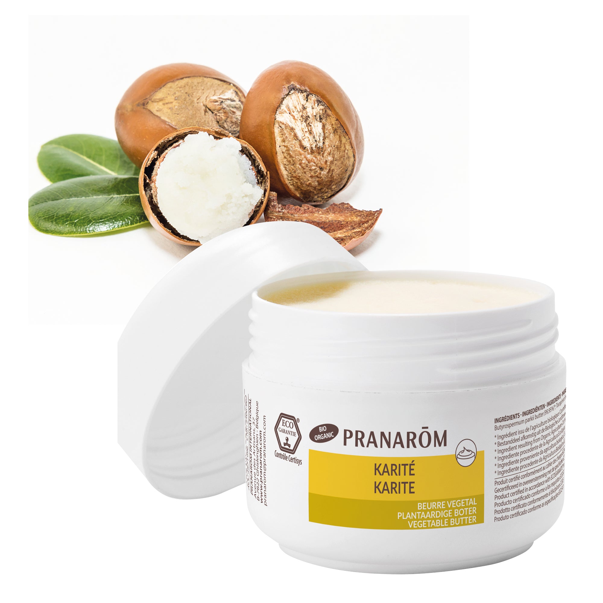 Beurre végétal de karité bio Pranarôm en pot, nourrissant pour peau et cheveux.