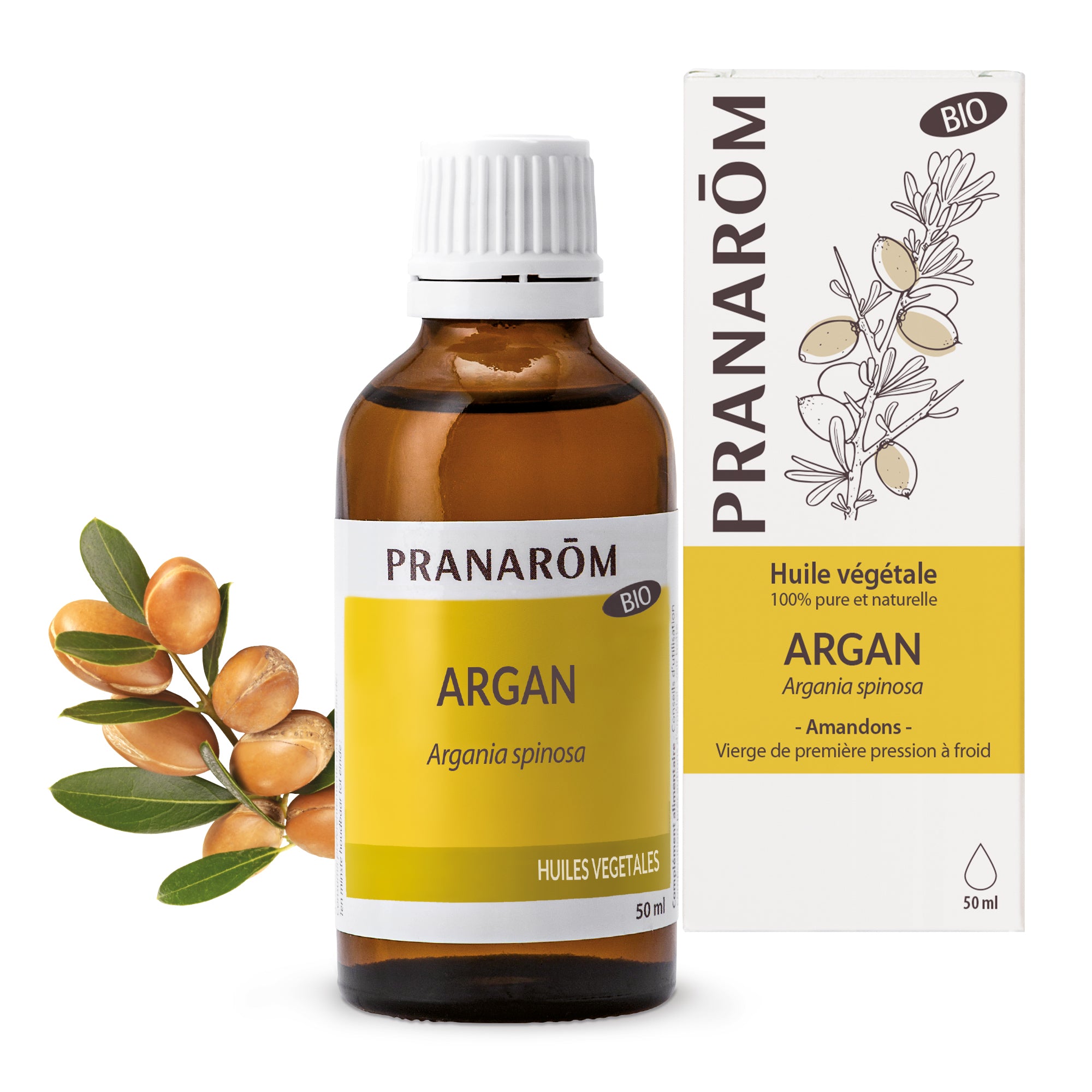 Huile végétale bio d’argan Pranarôm 50ml, nourrissante pour peau et cheveux.