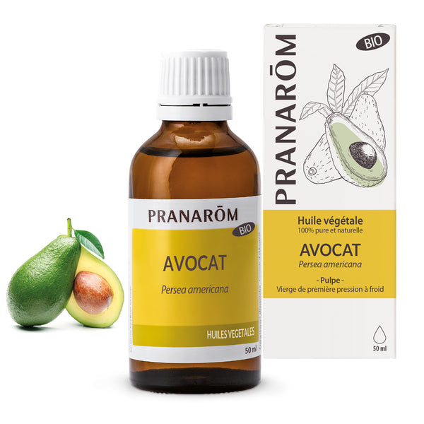 Huile végétale bio d’avocat Pranarôm 50ml, idéale pour peaux sèches et sensibles.