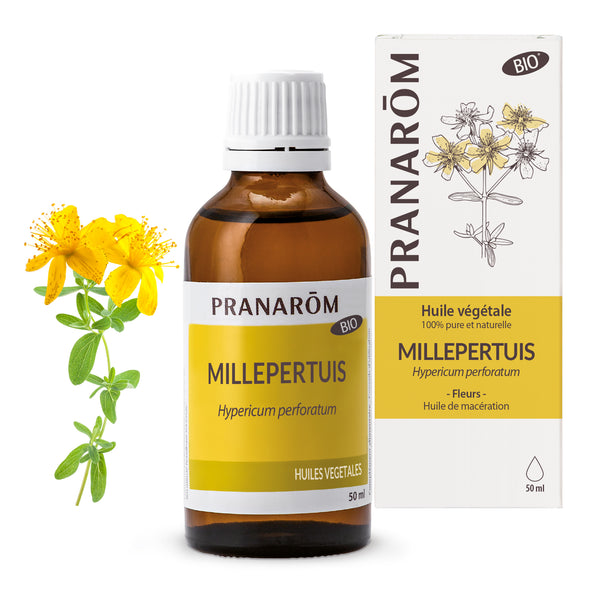 Huile végétale bio de millepertuis Pranarôm 50ml, apaisante pour peaux irritées.