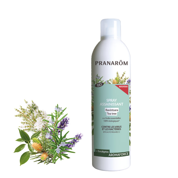 Spray assainissant bio Aromaforce 400ml Pranarôm, ravintsara et tea tree.