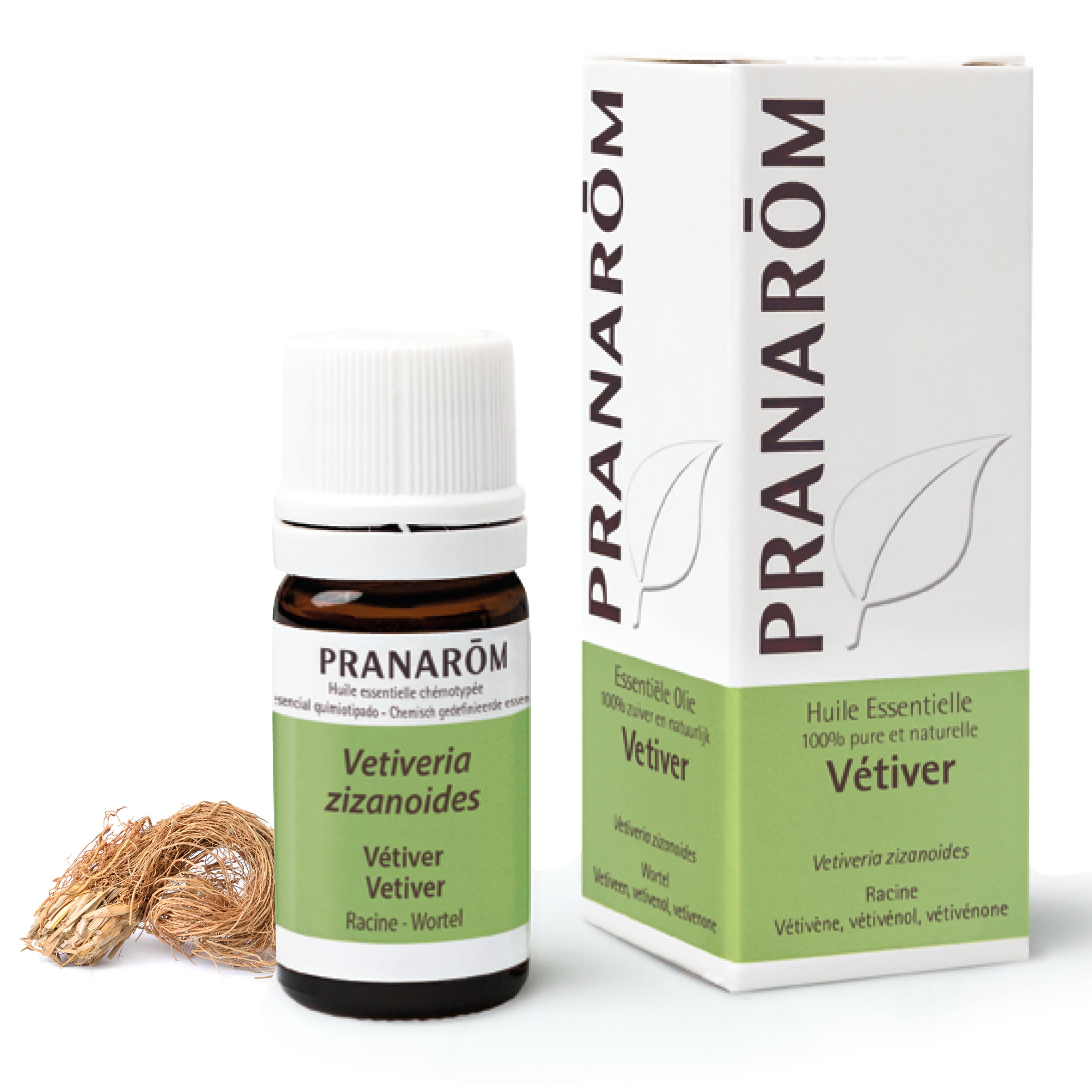 Flacon d'huile essentielle de vétiver (vetiveria zizanoides), 5ml, de Pranarôm.