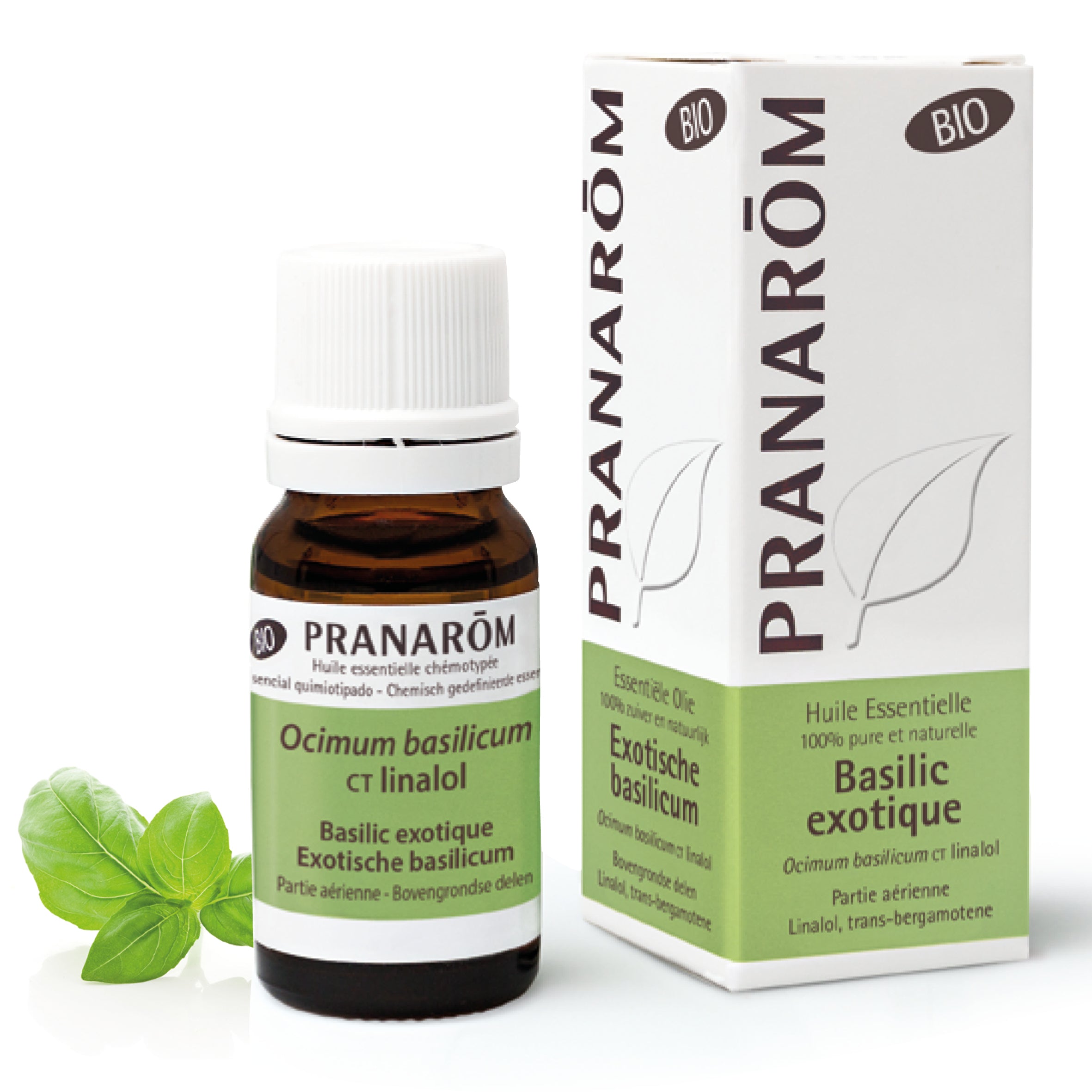 Huile essentielle de basilic exotique biologique (Ocimum basilicum), flacon Pranarom, idéale pour la digestion et le bien-être naturel.
