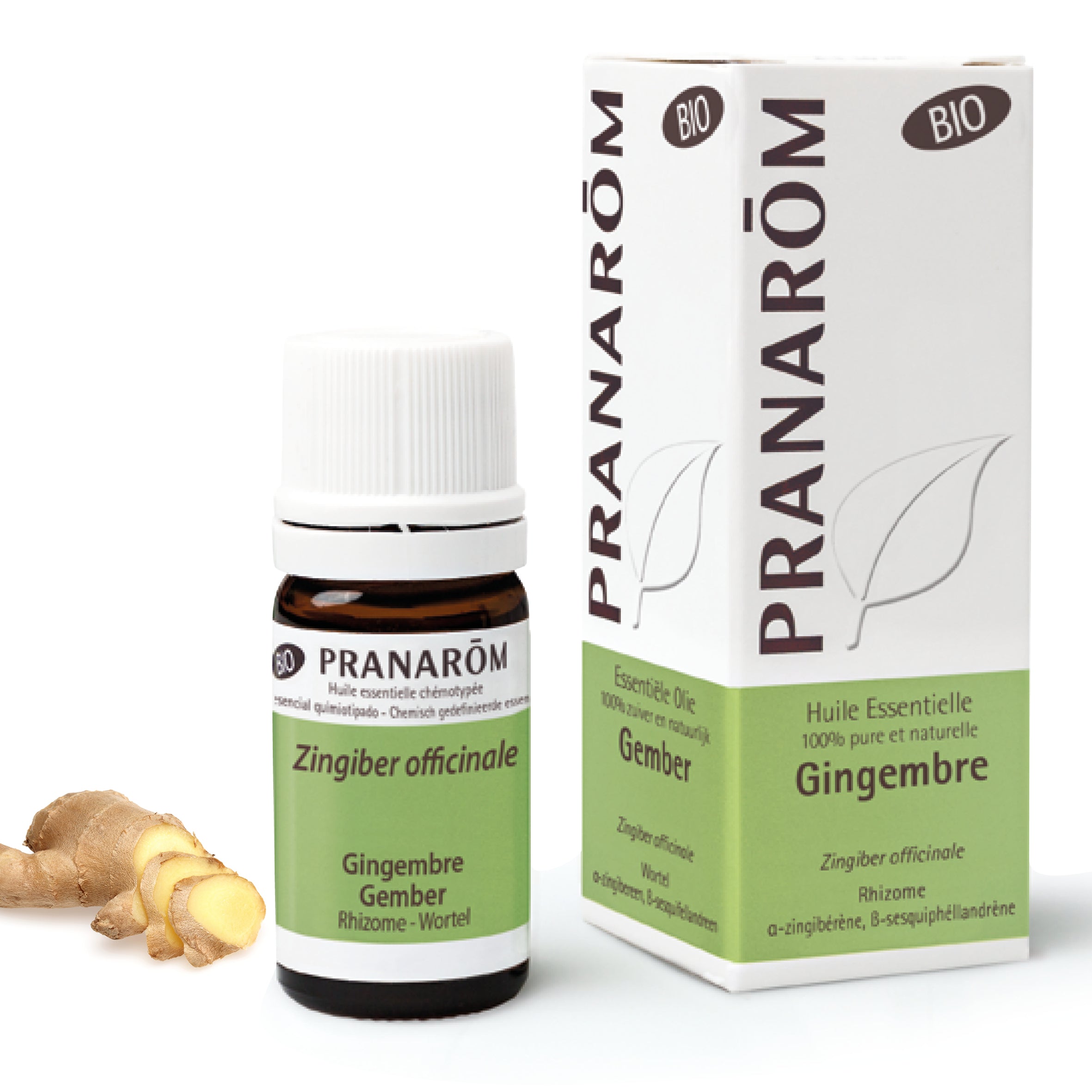 Essence pure de rhizome de gingembre bio Pranarom propriétés naturelles idéale contre les nausées et troubles digestifs.