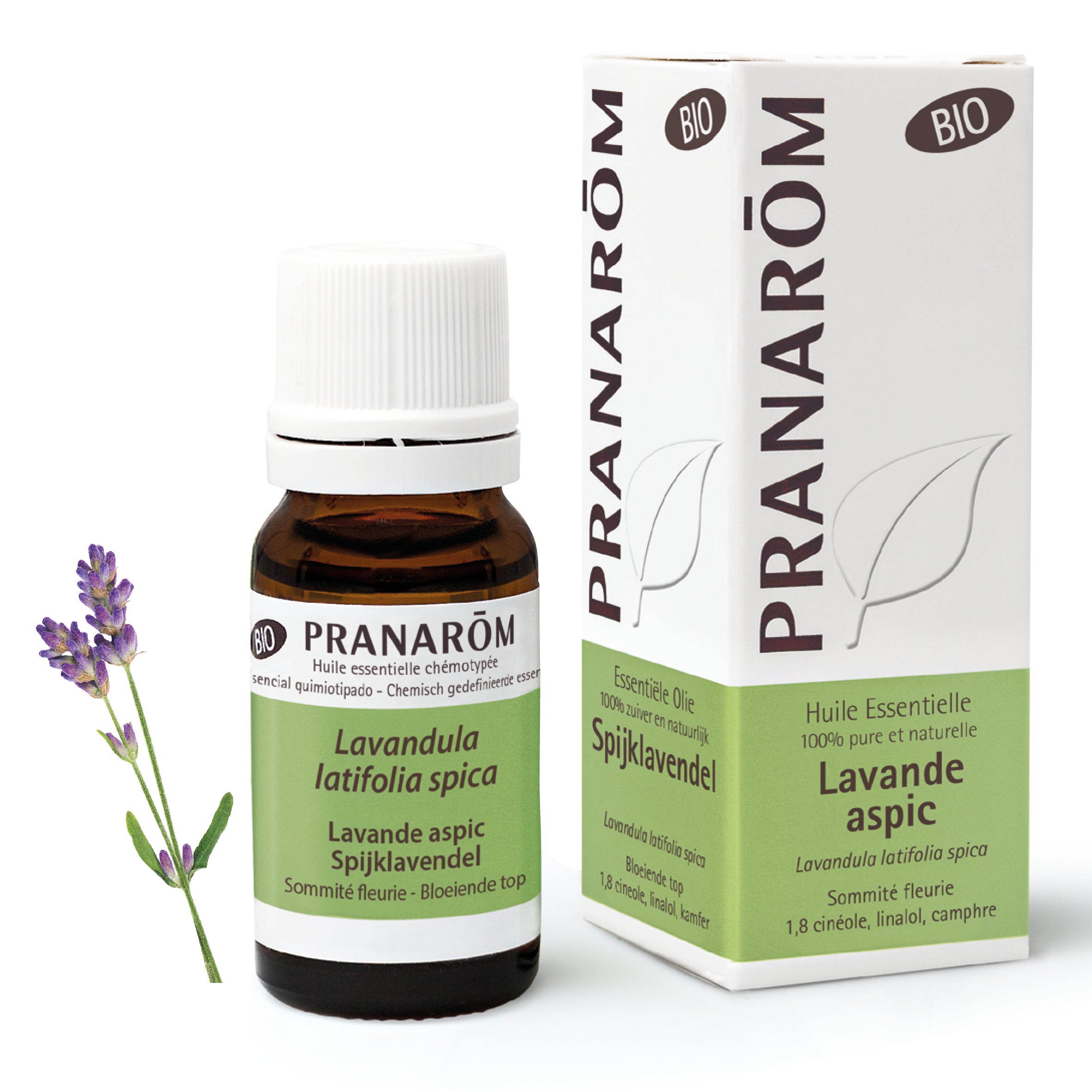 Huile essentielle de lavande aspic bio Pranarom parfum méditerranéen recommandée pour cicatriser les plaies et apaiser les piqûres.