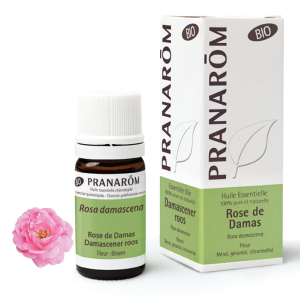 Huile essentielle de rose de Damas grand format (Rosa damascena), réputée pour apaiser les émotions et revitaliser la peau mature.