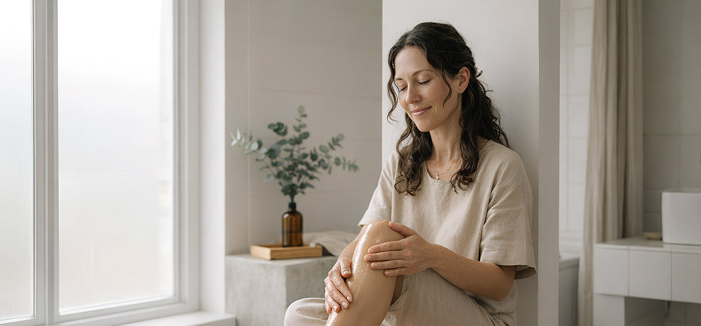 Femme assise sur un banc en bois appliquant une huile naturelle sur son genou pour soulager une douleur articulaire dans un interieur lumineux