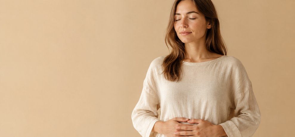 Femme les mains posées sur le ventre dans une posture de bien-être digestif sur fond beige neutre
