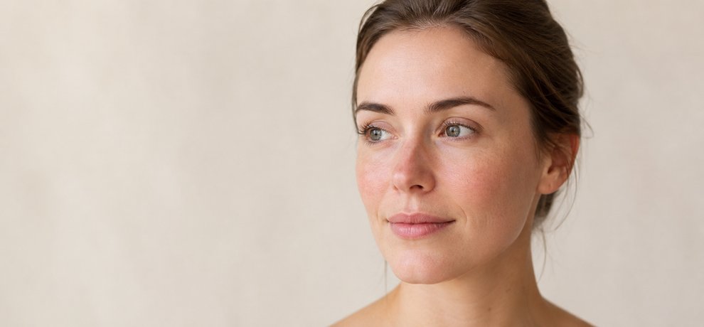 Gros plan d'un visage féminin avec de légères rougeurs sur les joues éclairé par une lumière douce sur fond neutre beige