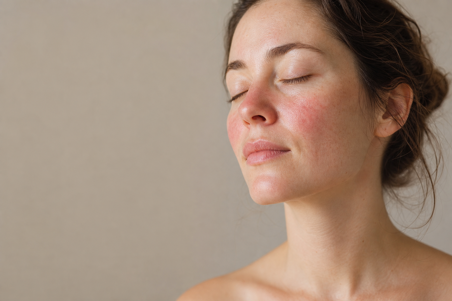 Gros plan du visage d'une femme a la peau claire et reactive avec de legeres rougeurs sur les joues sur fond neutre