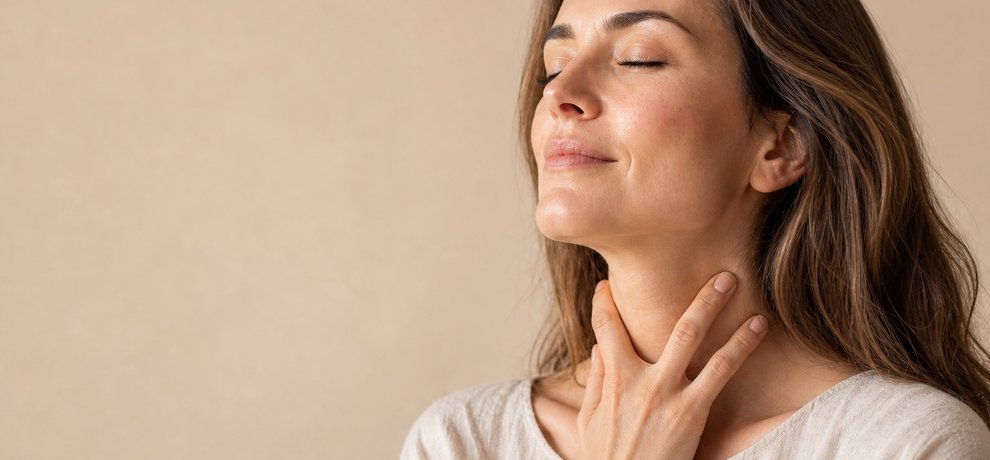 Jeune femme posant delicatement sa main sur sa gorge, evoquant un inconfort soulage par les solutions naturelles d'aromatherapie