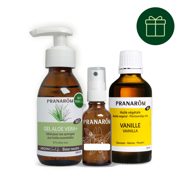 Coffret Pranarôm avec gel aloe vera, huile végétale de vanille et flacon pompe.