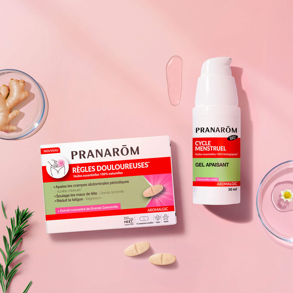 Duo pack comprimés et gel apaisant pour règles douloureuses