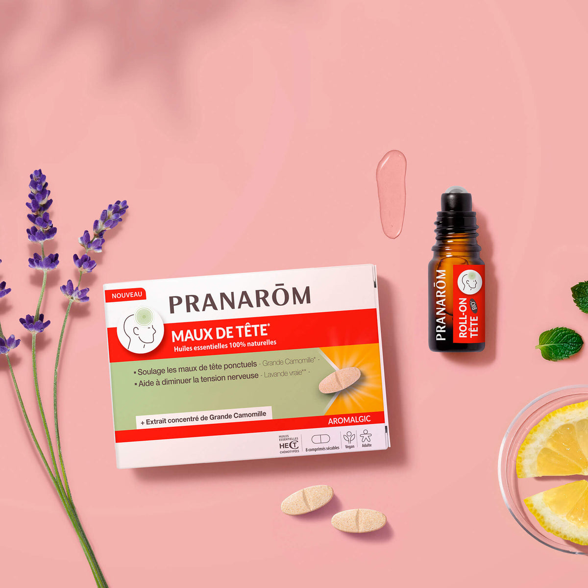 Duo pack of tablets and roll-on for headaches