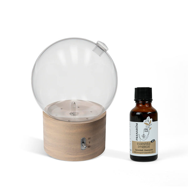 Diffuseur d'huiles essentielles Pranarôm avec une synergie essentielle sérénité équilibre.