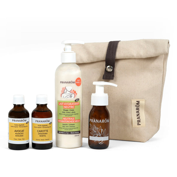 Un ensemble Pranarôm avec lait hydratant neutre bio et huiles végétales Avocat, Carotte.