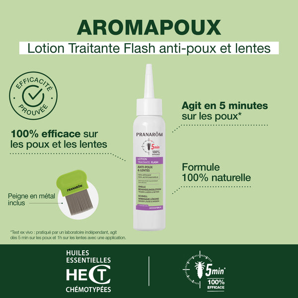 Flacon de Lotion Traitante Flash Pranarôm anti-poux & lentes, tige de lavande dans un tube à essai et peigne métallique.