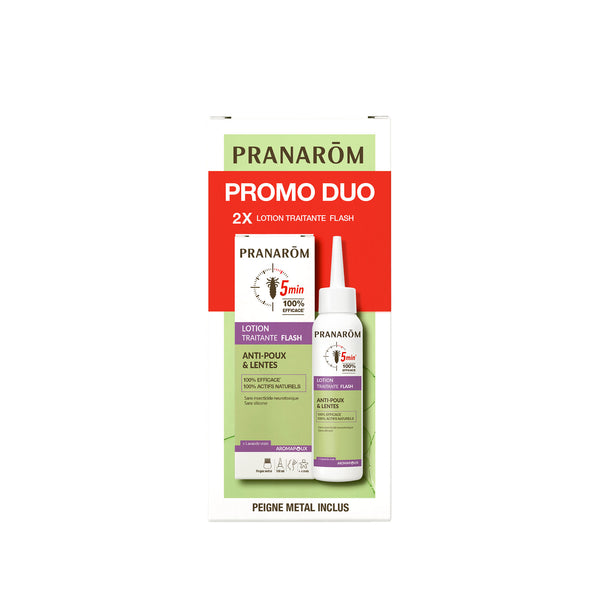 Pack duo Pranarôm Lotion Traitante Flash anti-poux & lentes à la lavandre vraie.