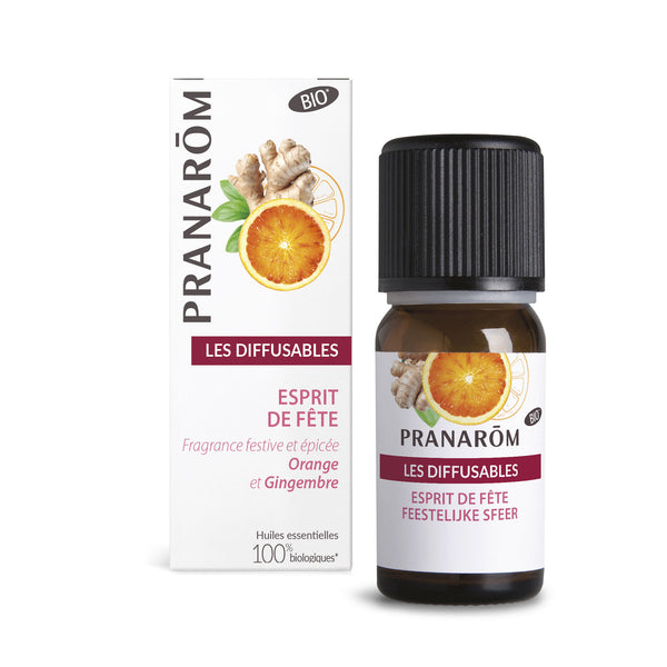 Le flacon Pranarôm Esprit Fête 30ml, une synergie d'huiles essentielles pour ambiance festive.