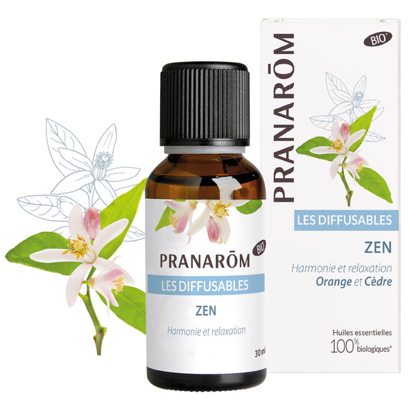 Flacon Pranarôm Zen 30ml, diffusion d’huiles essentielles pour un apaisement naturel.