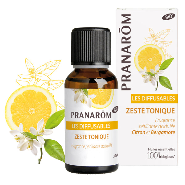 Flacon Pranarôm Zeste Tonique 30ml, synergie bio vivifiante pour diffusion.