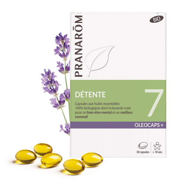 Boîte d’Oléocaps+ 7 Pranarôm, capsules pour la détente et le bien-être.
