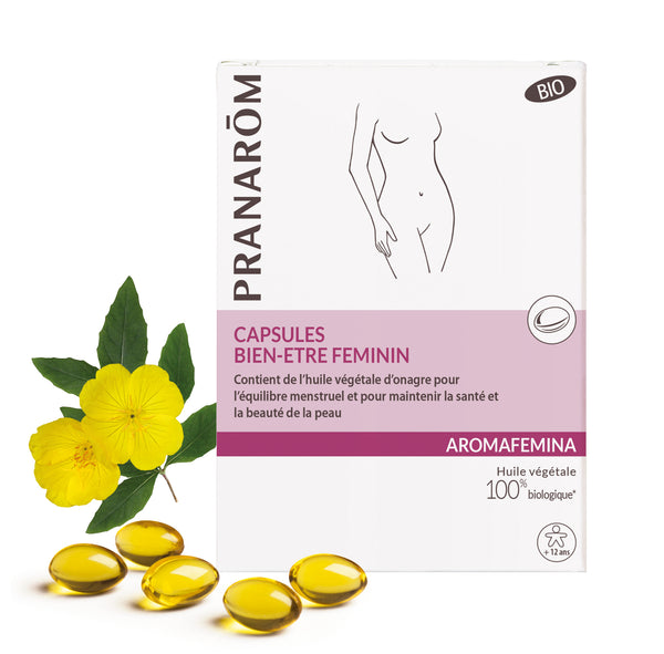 Boîte de capsules Aromafemina Bien-être féminin bio Pranarôm, équilibre hormonal.