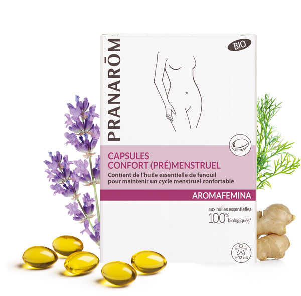 Boîte de capsules Aromafemina Confort prémenstruel bio Pranarôm, soulagement naturel.