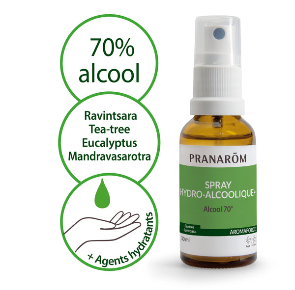 Flacon de spray hydro-alcoolique Aromaforce Pranarôm, pour désinfection des mains.