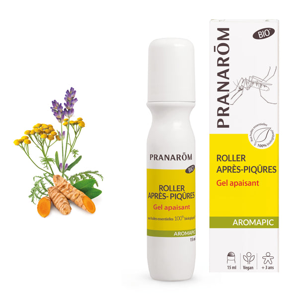 Roller gel apaisant bio Aromapic Pranarôm 15ml, contre démangeaisons après piqûres.