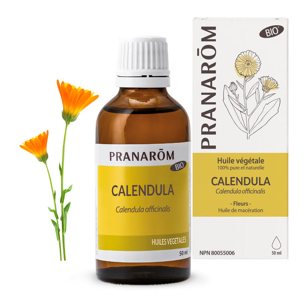 Huile végétale bio de calendula Pranarôm 50ml, apaisante pour peaux sensibles.