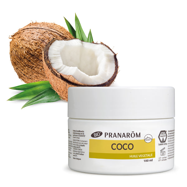 Huile végétale bio de coco Pranarôm de 100ml, nourrissante et protectrice.