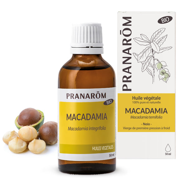 Huile végétale bio de macadamia Pranarôm 50ml, pour hydrater la peau, les cheveux et les ongles.